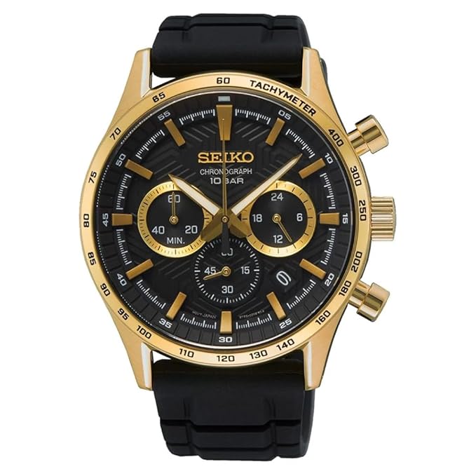Seiko Leather Chronograph Quartz Black Dial Watch for Men