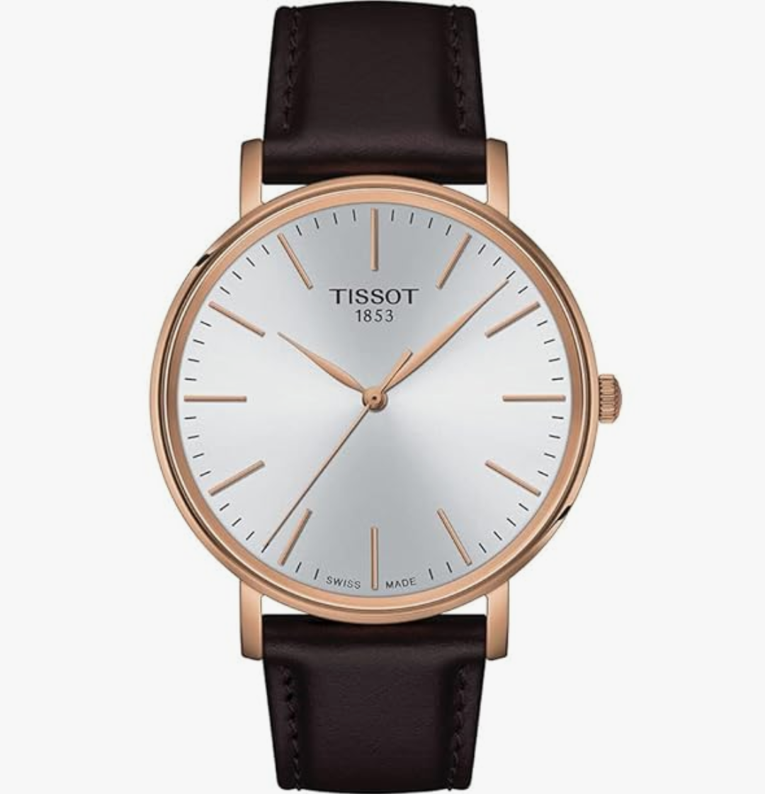 Tissot Mens Everytime Gent 316L Stainless Steel case with Rose Gold PVD Coating Quartz Watch, Brown, Leather, 20 ,Brown, Quartz Watch