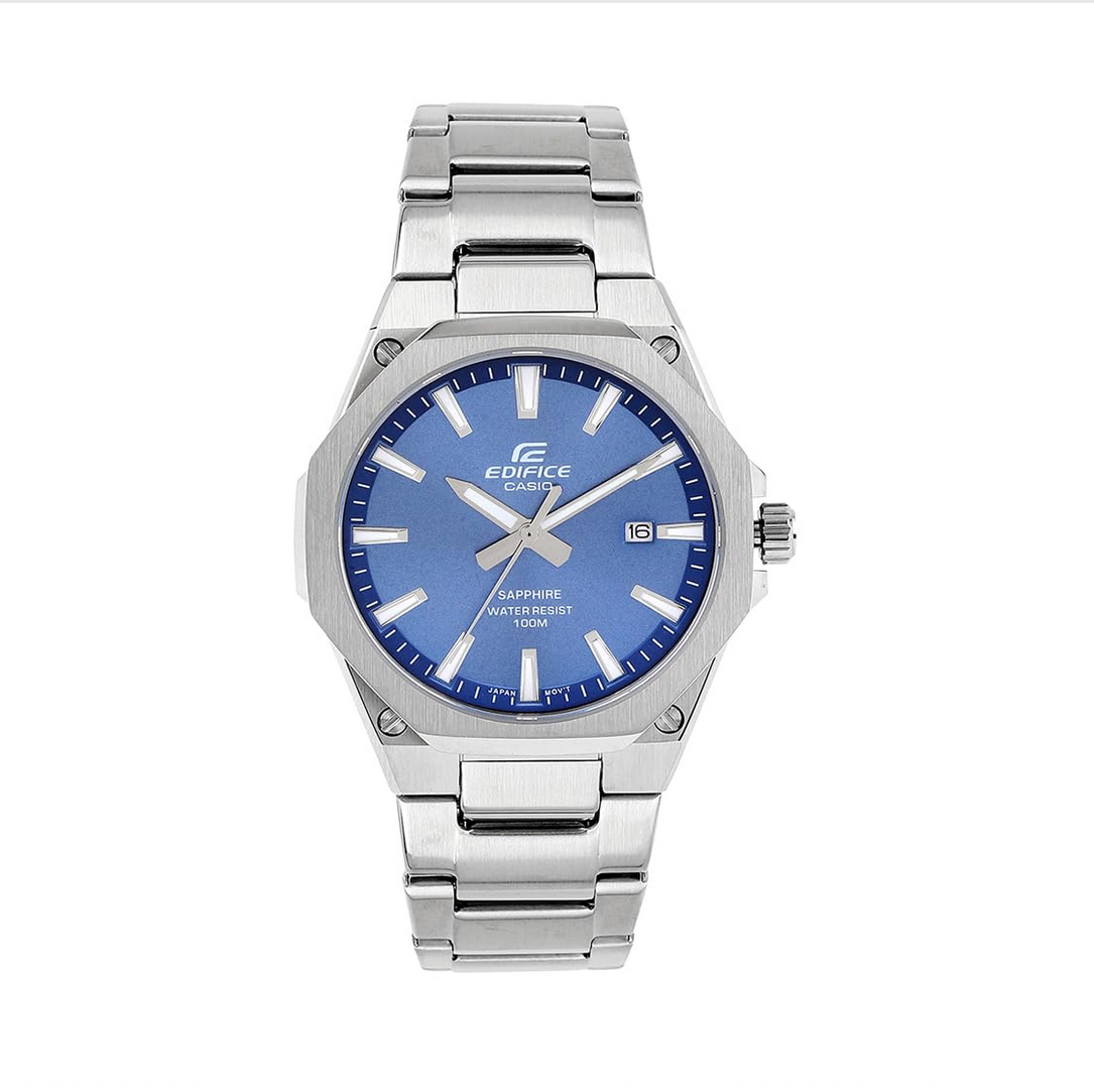 Casio Edifice EFR-S108D-2AVUDF Blue Analog Dial Silver Stainless Steel Band Men's Watch Slim Case Sapphire Glass