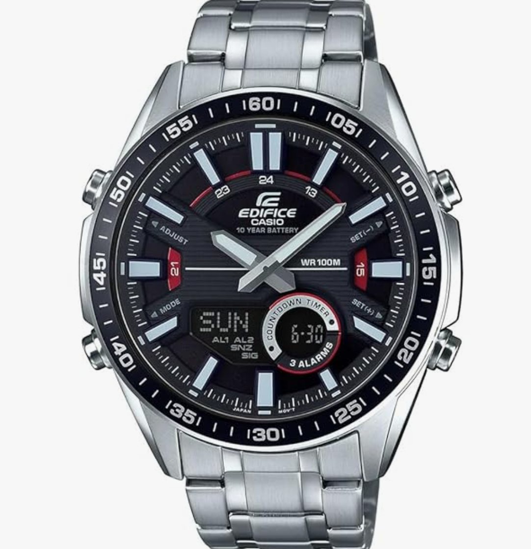 Casio Edifice EFV-C100D-1AVDF Black Analog-Digital Dial Silver Stainless Steel Band Men's Watch World Time 100M Water Resistant