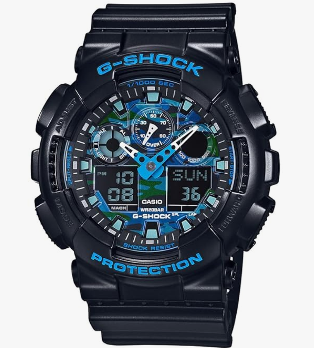 Casio G-Shock GA-100CB-1ADR Black & Blue Camouflage Analog-Digital Dial Black Resin Strap Men's Watch Shock And 200M Water Resistant