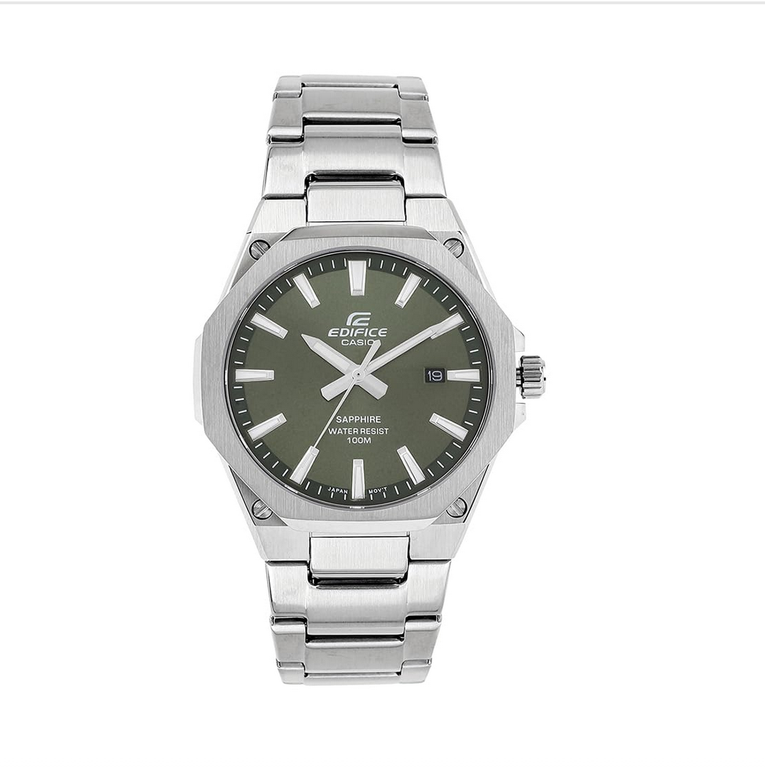 Casio Edifice EFR-S108D-3AVUDF Green Analog Dial Silver Stainless Steel Band Men's Watch Slim Case Sapphire
