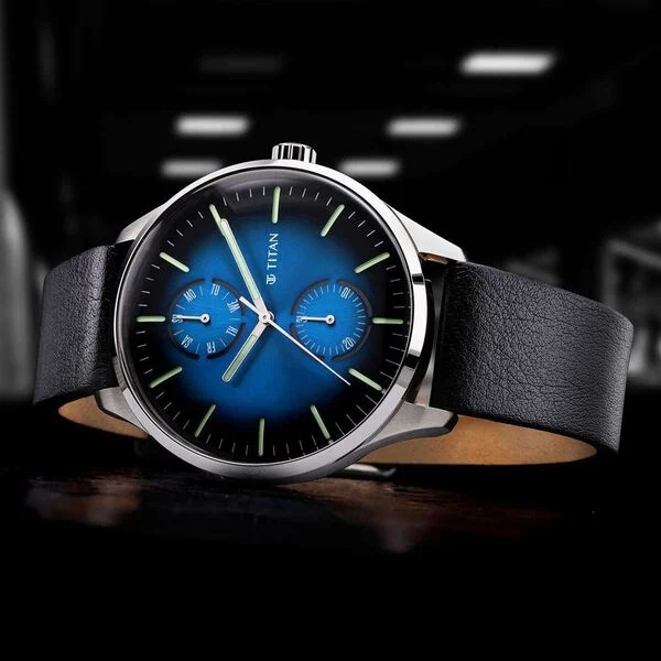 Titan Evoke Blue Dial Analog with Day and Date Leather Strap Watch for Men