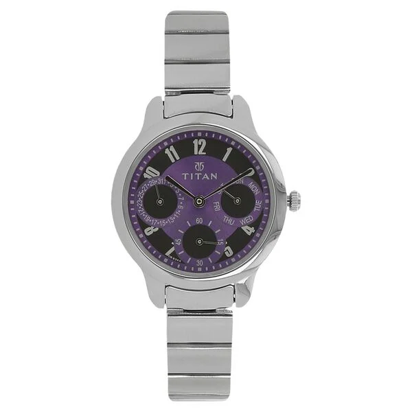 Titan Quartz Analog Purple Dial Stainless Steel Strap Watch for Women