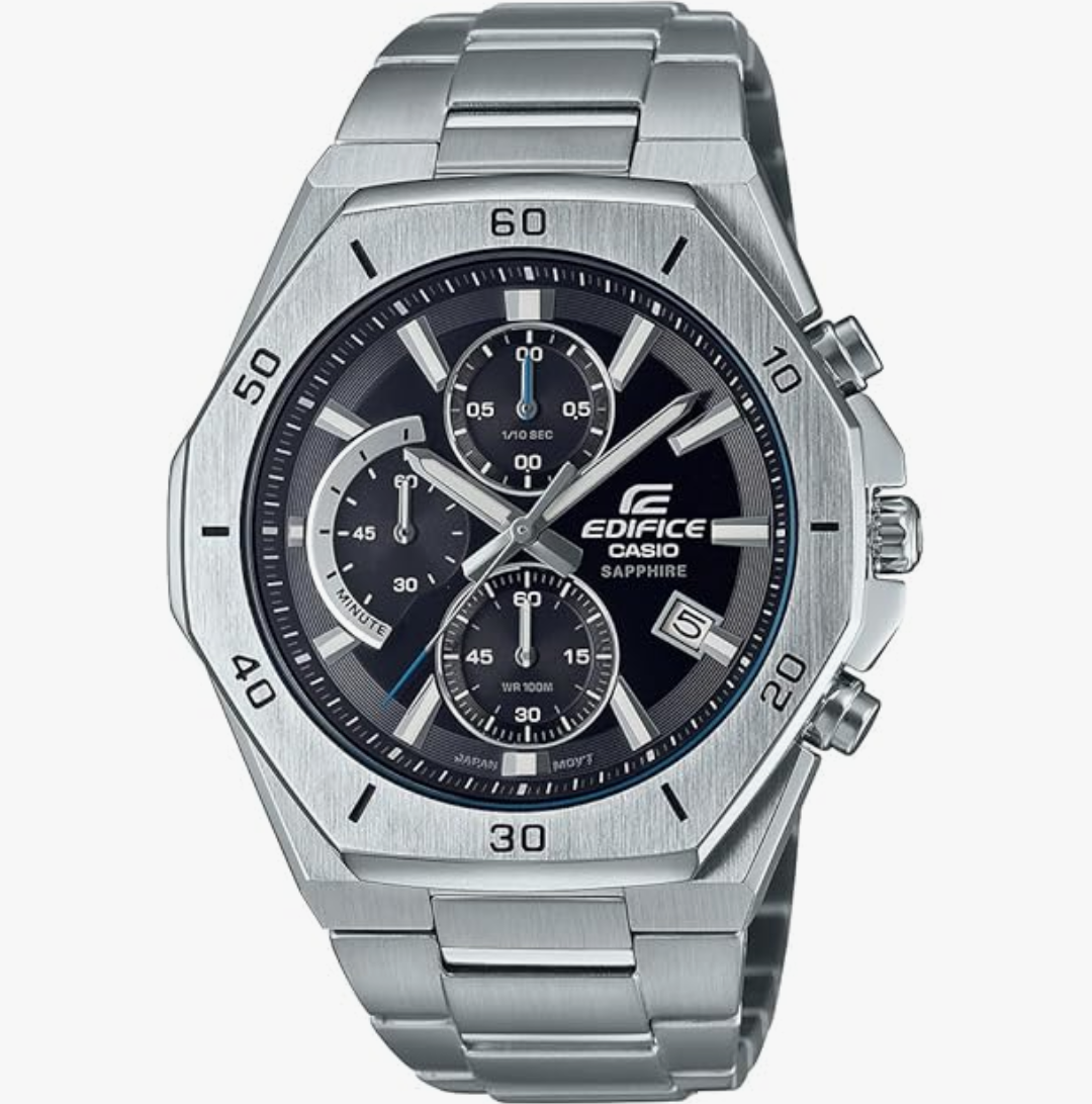 Casio Edifice EFB-680D-1AVUDF Black Analog Dial Silver Stainless Steel Band Men's Watch Chronograph Sapphire Glass EX550