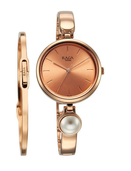 Titan Raga Power Pearls Quartz Analog Rose Gold Dial Metal Strap with pearl Watch for Women