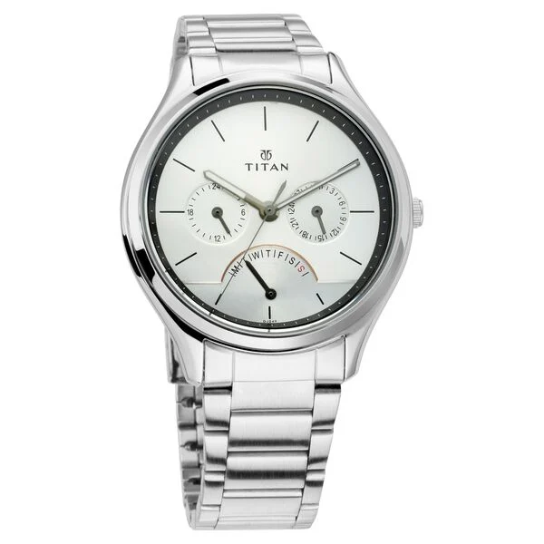 Titan Quartz Multifunction Silver Dial Stainless Steel Strap Watch for Men