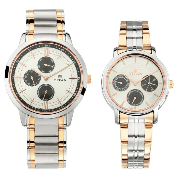 Titan Bandhan Silver Dial Quartz Multifunction Stainless Steel Strap watch for Couple