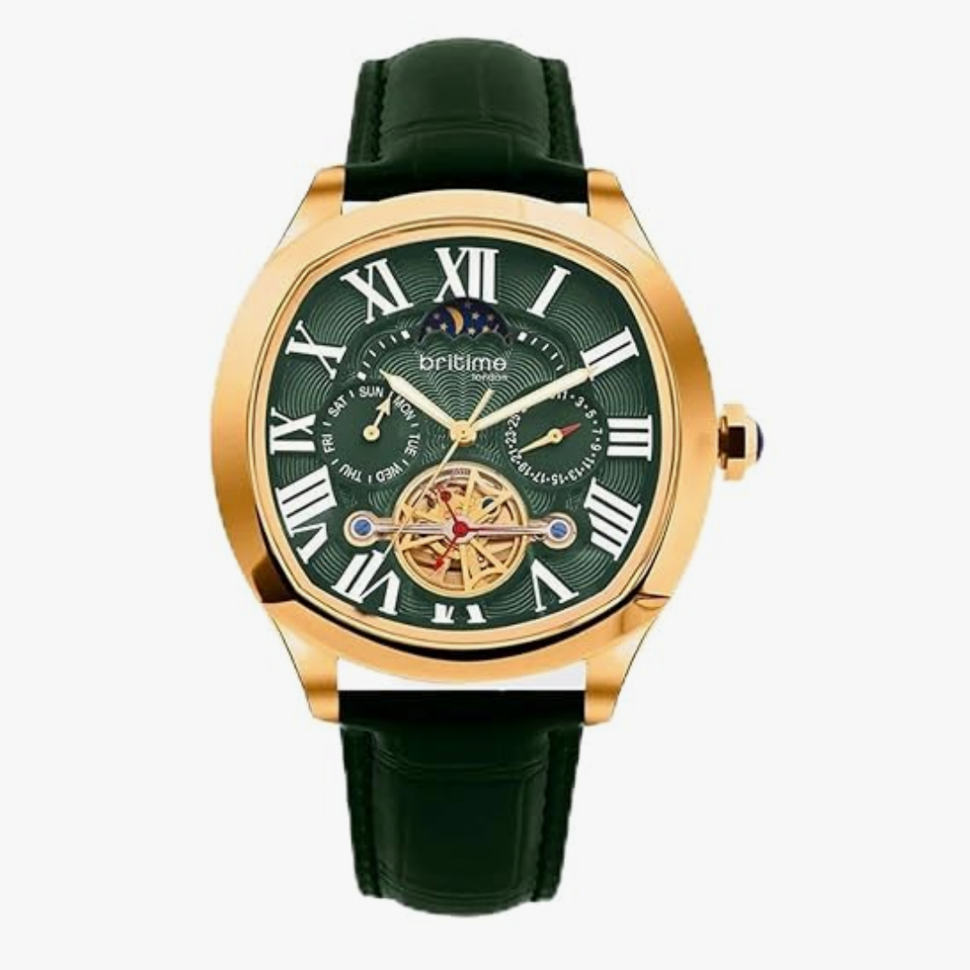 Men Automatic Green Dial Multi-Function Leather Watch 1641-L31412